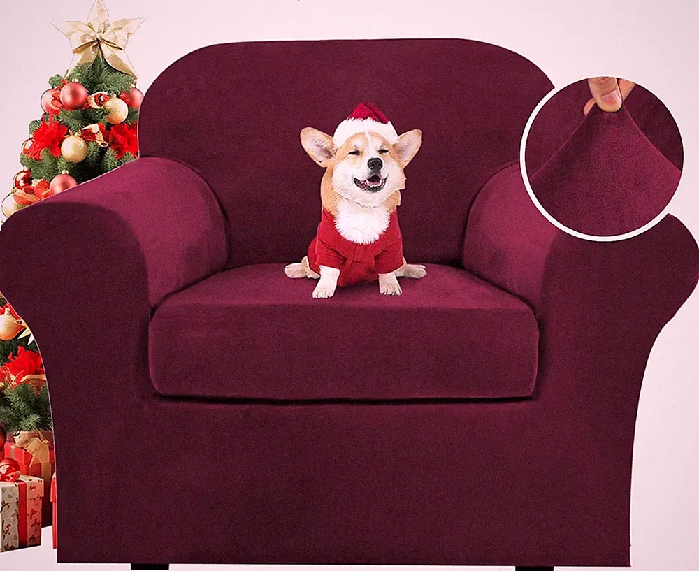 Burgundy Velvet Stretch Chair Cover Set for Armchairs, Fits Up to 49 Inch