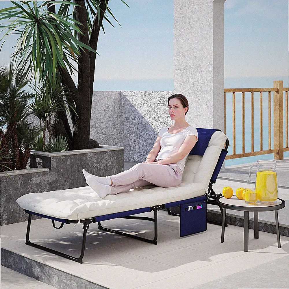 Folding Chaise Lounge Pool Chair with 4-level Reclining Back, Cushion
