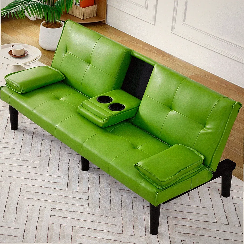 Futon Sofa Bed Faux Leather Couch Convertible Recliner Cup Holders Living Room