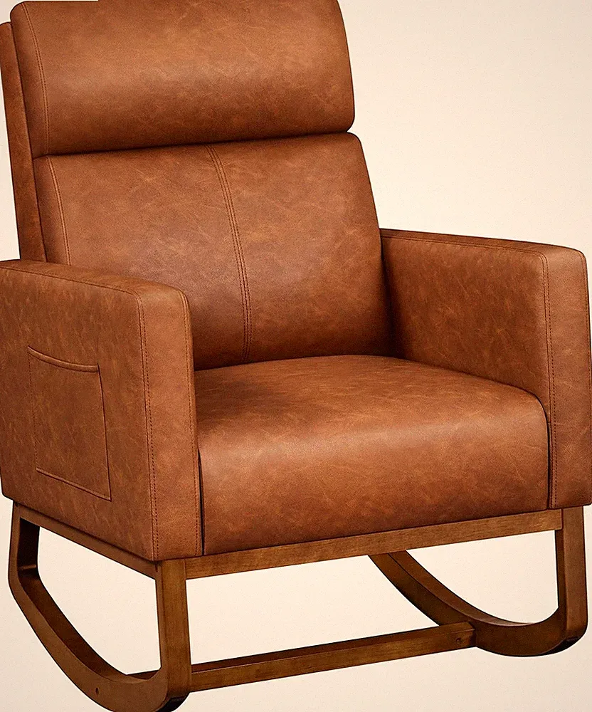 Leather Living Room Chair, Rocking Accent Chair, Modern Nursery Glider Chair wit